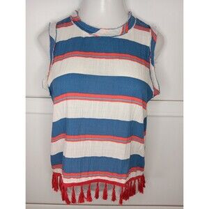 Traffic People Sleeveless Shirt Small Red White Blue Tassels High Low Raw Hems